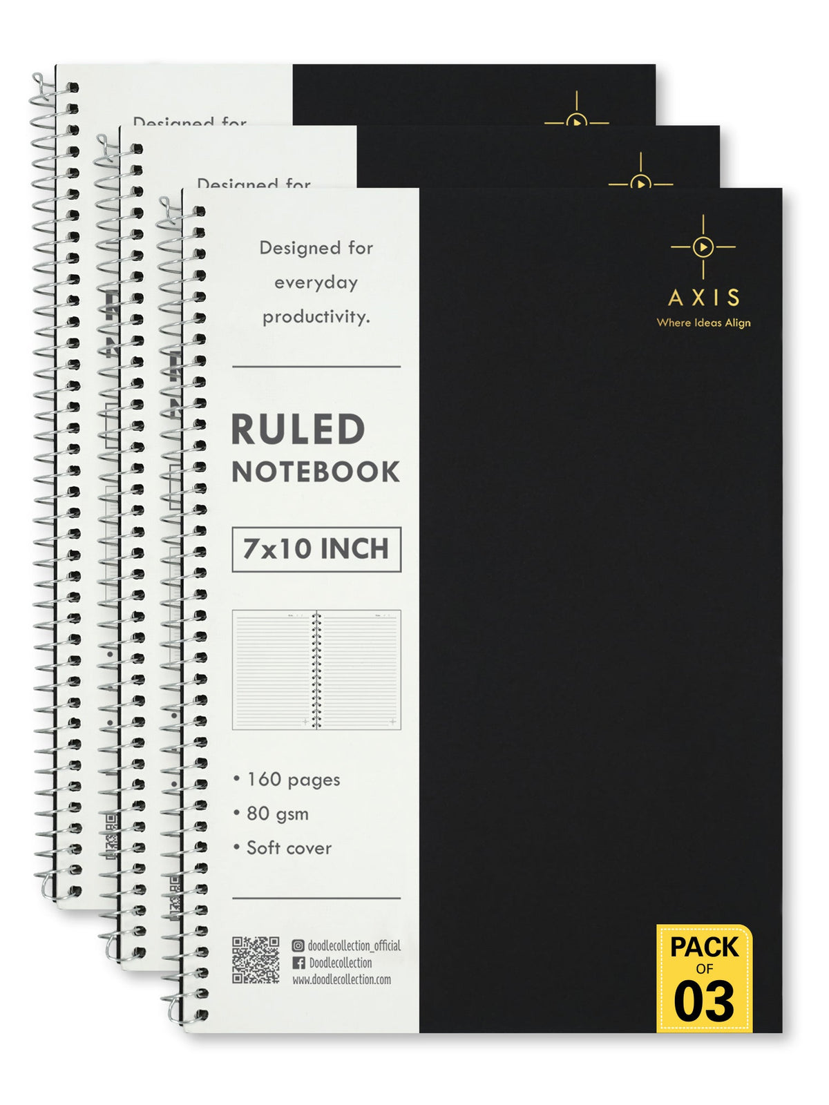 B5 Large Lined Notebook Set of 3 | Axis Black Spiral Notebooks