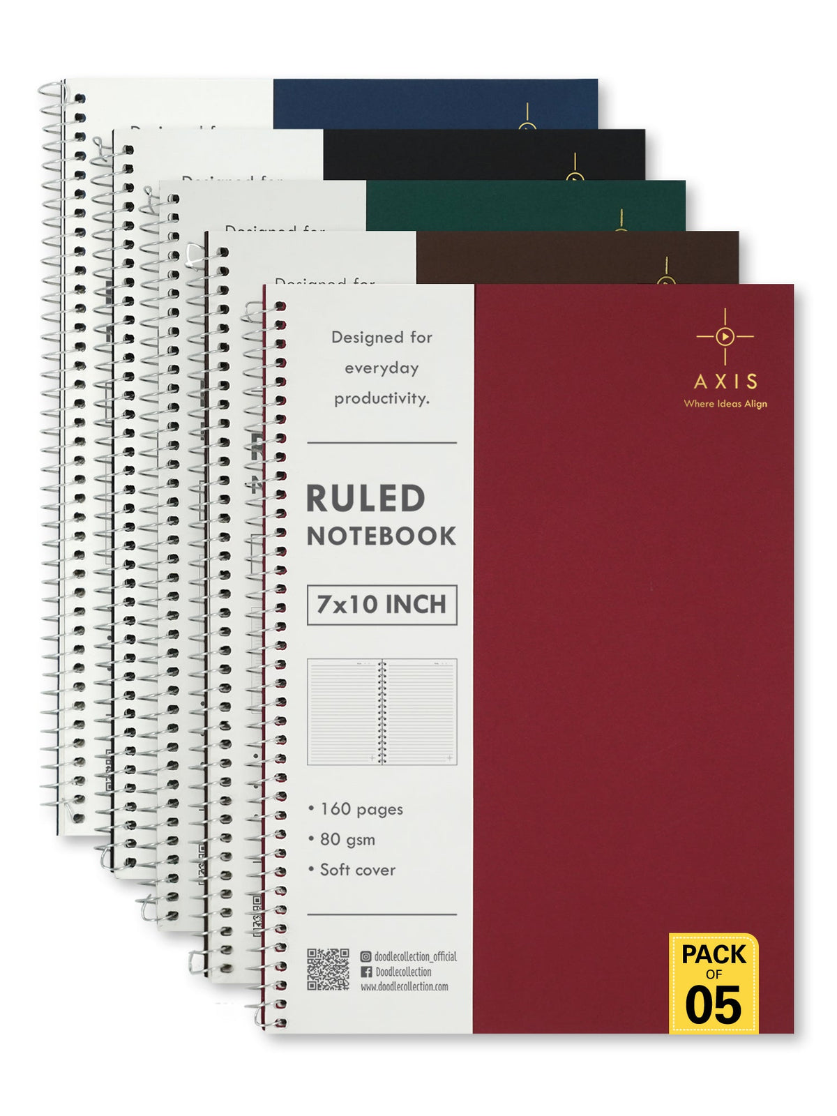 B5 Large Lined Notebook Set of 5 | Axis Multi Spiral Notebooks