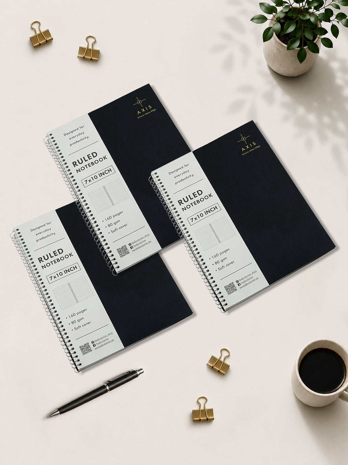 B5 Large Lined Notebook Set of 3 | Axis Black Spiral Notebooks