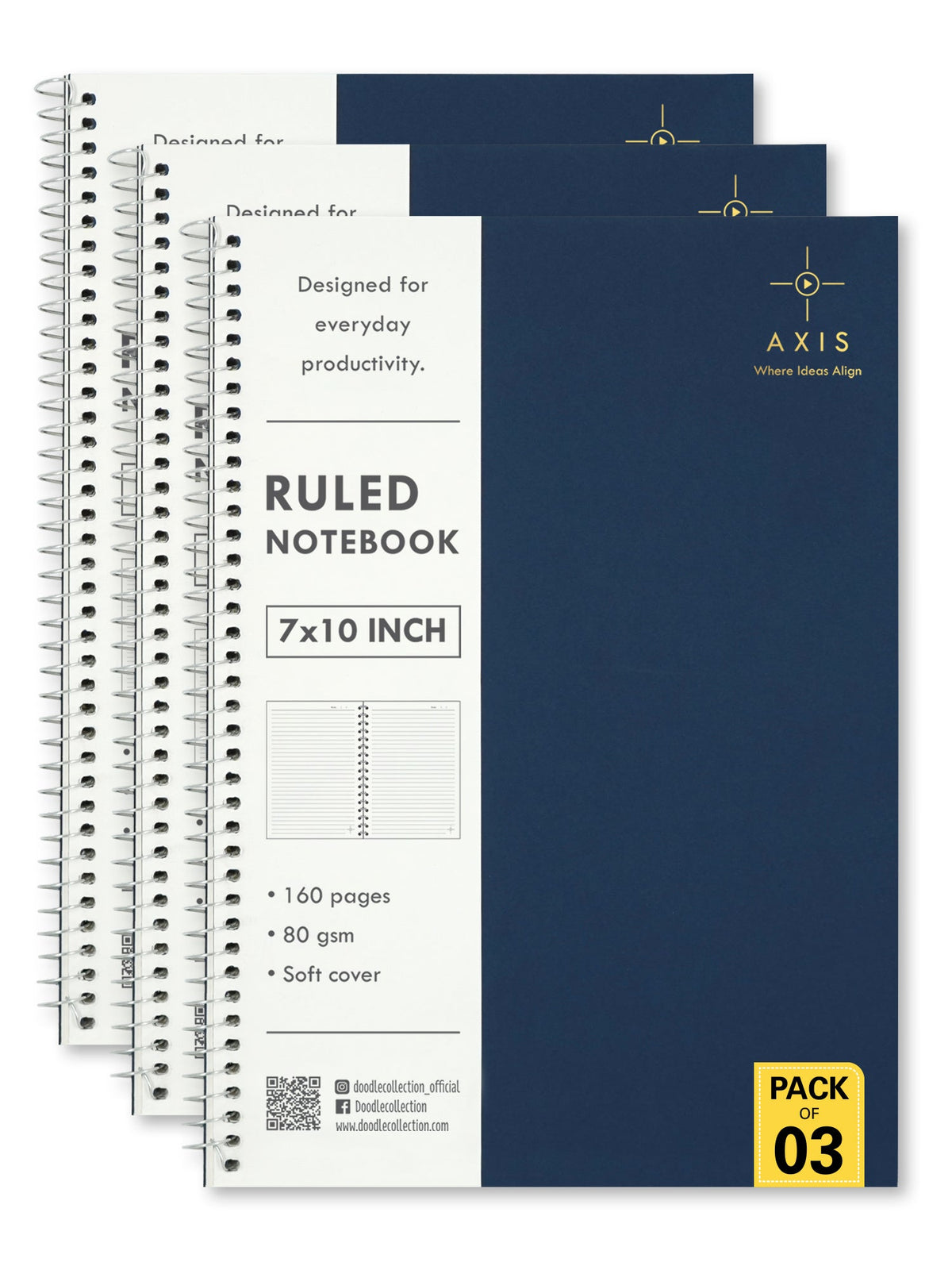 B5 Large Lined Notebook Set of 3 | Axis Blue Spiral Notebooks