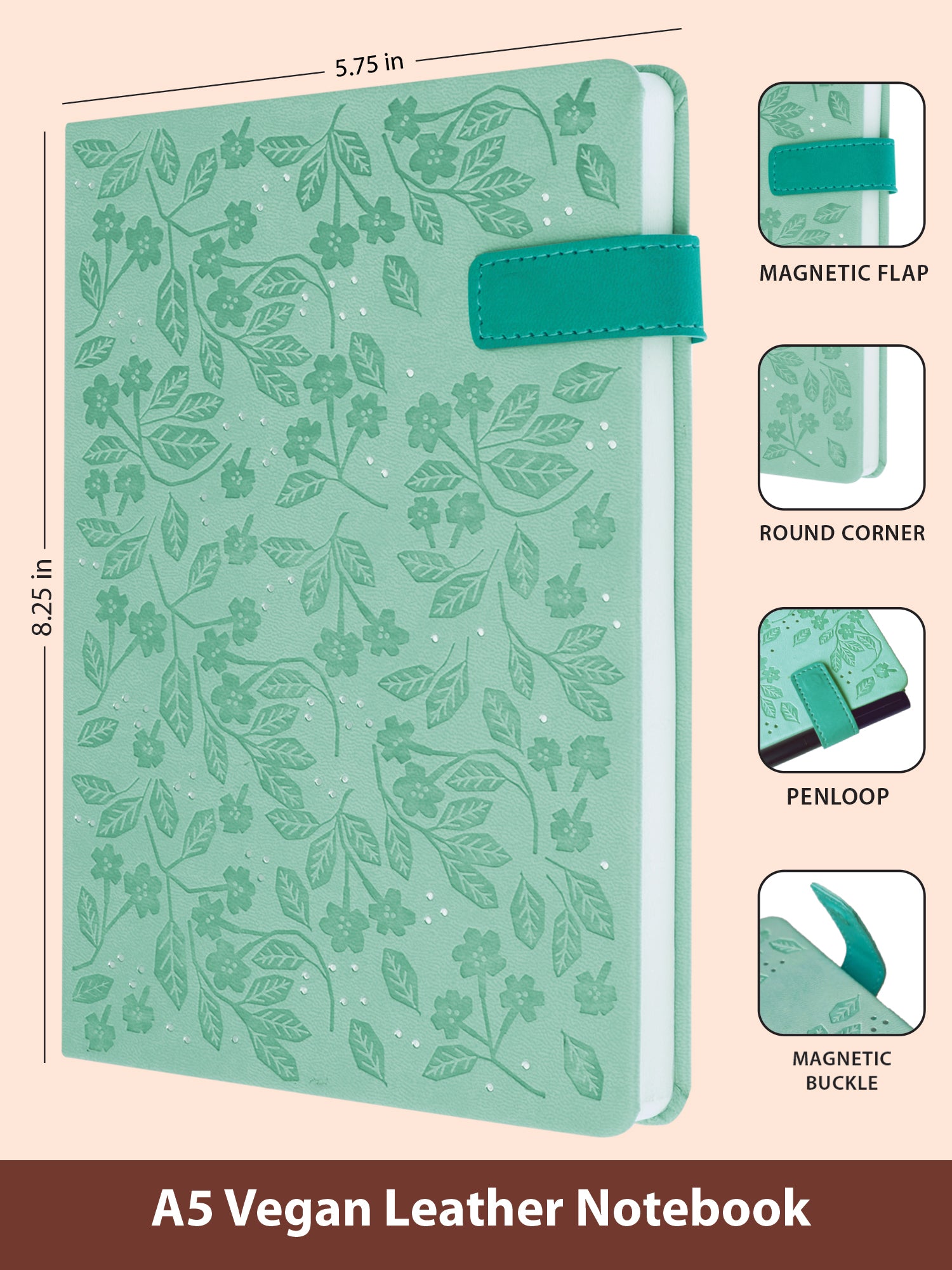 A5 Vegan Leather Notebook - Garden Spells (Turquoise)