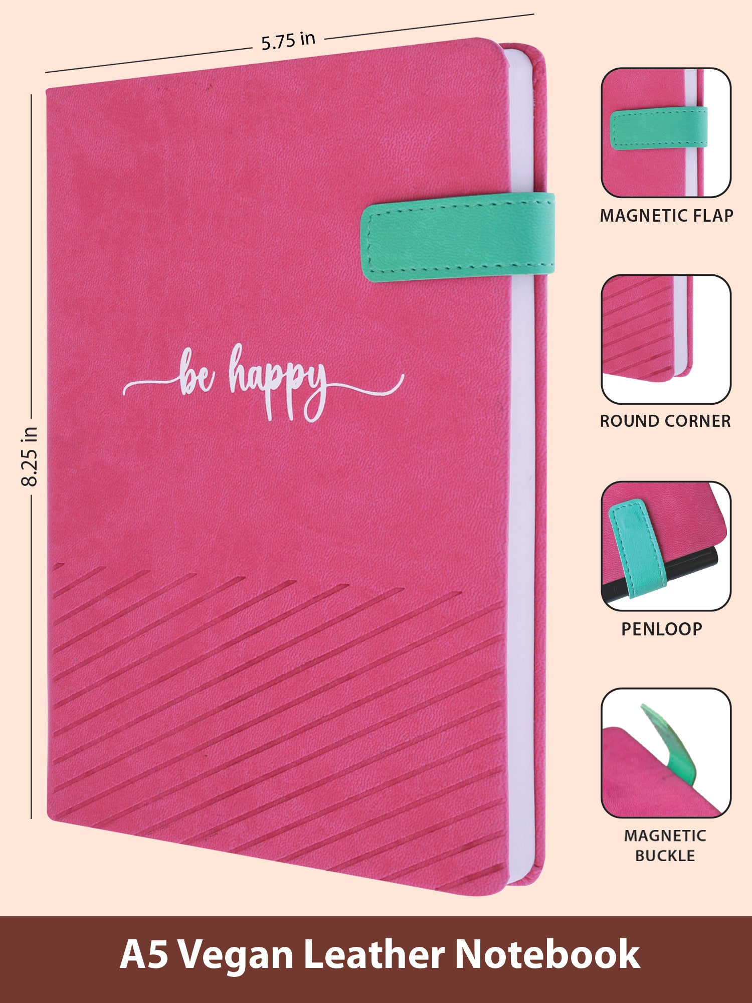 A5 Vegan Leather Notebook - Happy Mind (Pink)