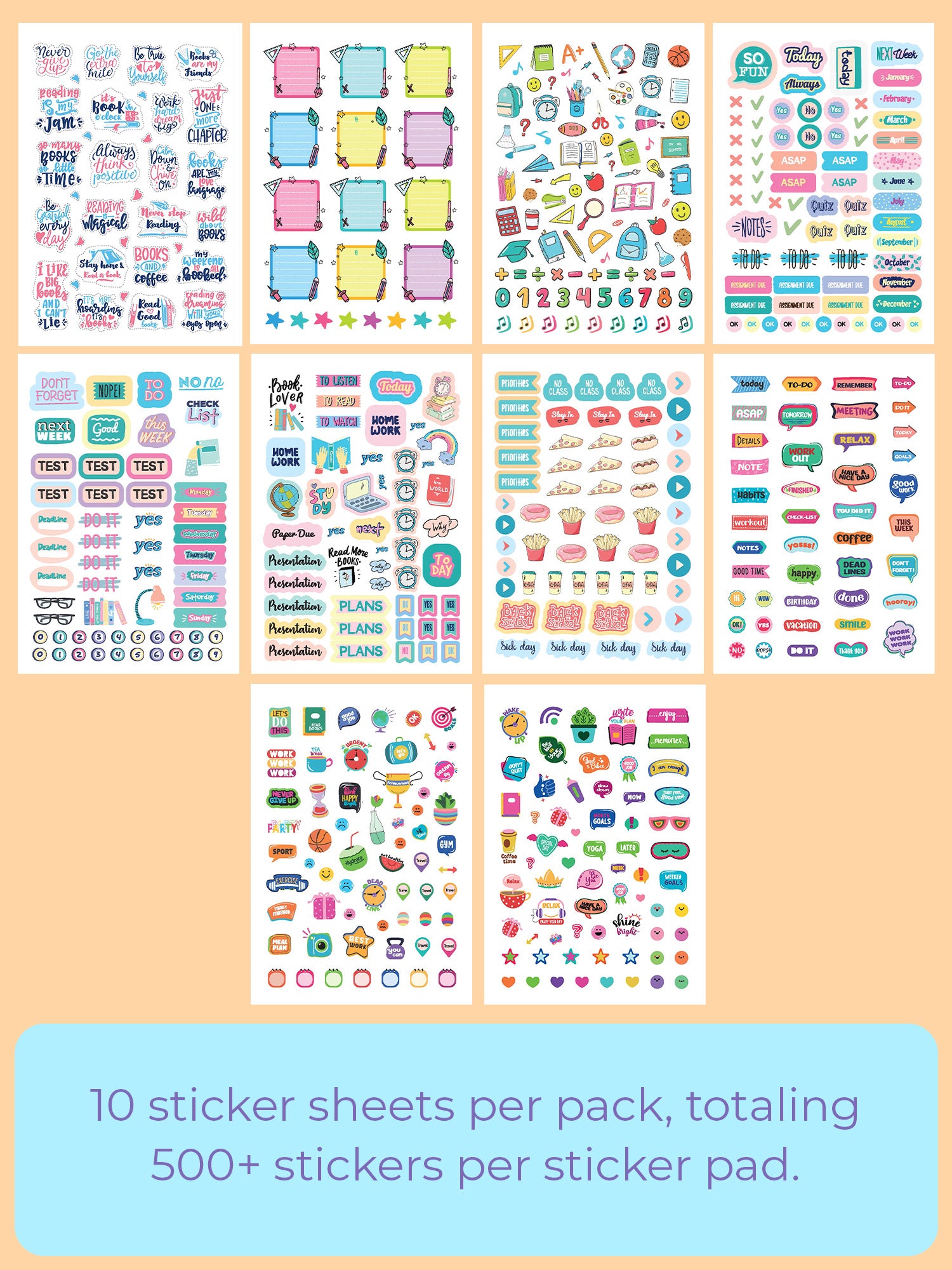 500+ Vibrant Stickers in 10-Page Booklet: Perfect for Students (Study Well Stickers)