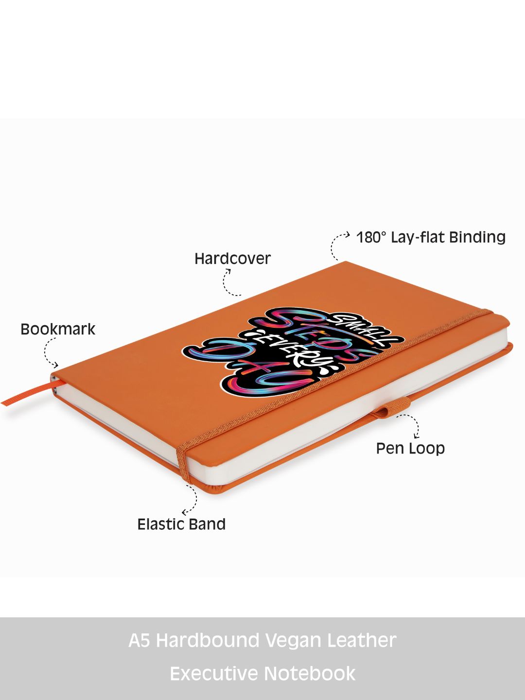 Pro Series Executive A5 PU Leather Hardbound Ruled Orange Notebook with Pen Loop [Small Steps Every Day]