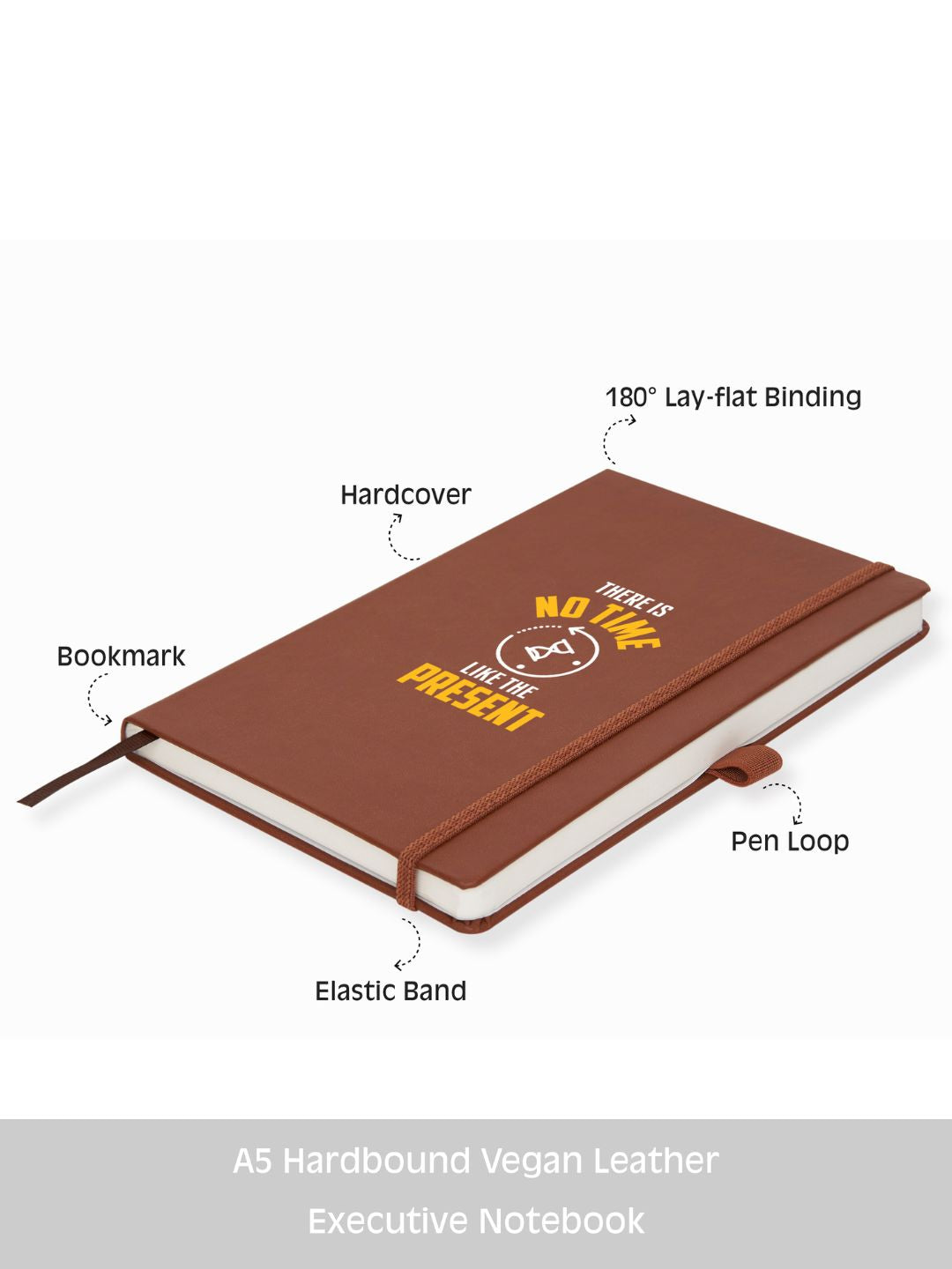 Pro Series Executive A5 PU Leather Hardbound Ruled Brown Notebook with Pen Loop [There Is No Time]