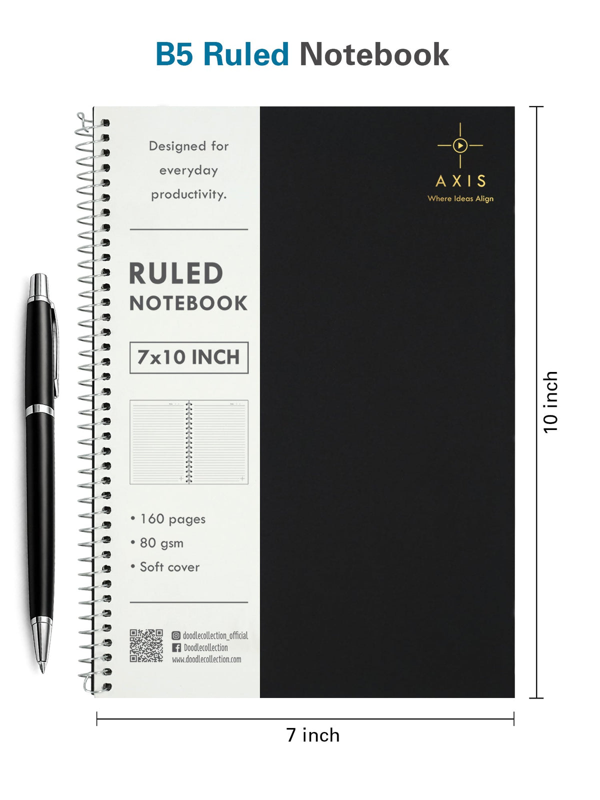 B5 Large Lined Notebook Set of 3 | Axis Black Spiral Notebooks