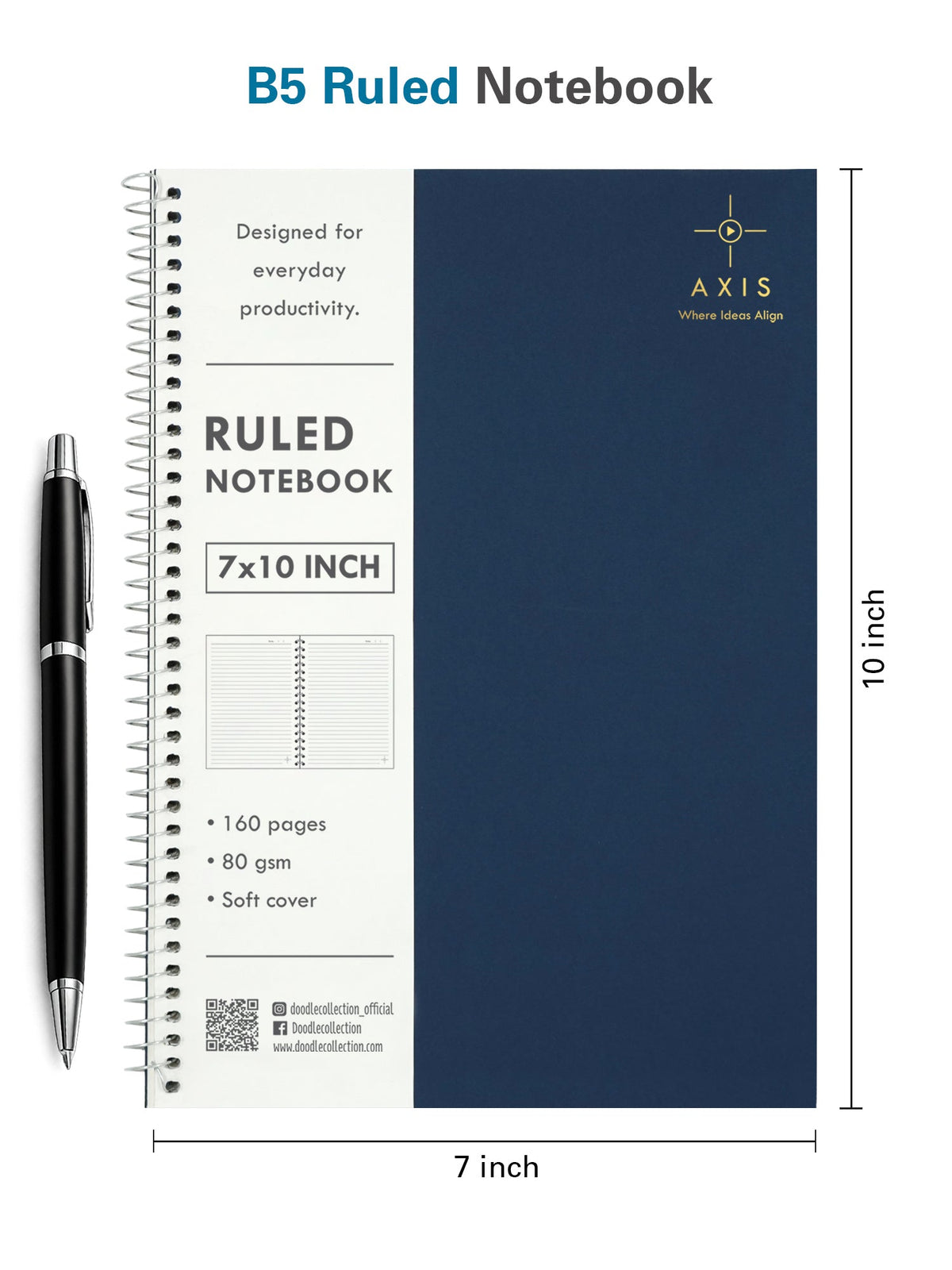 B5 Large Lined Notebook Set of 3 | Axis Blue Spiral Notebooks
