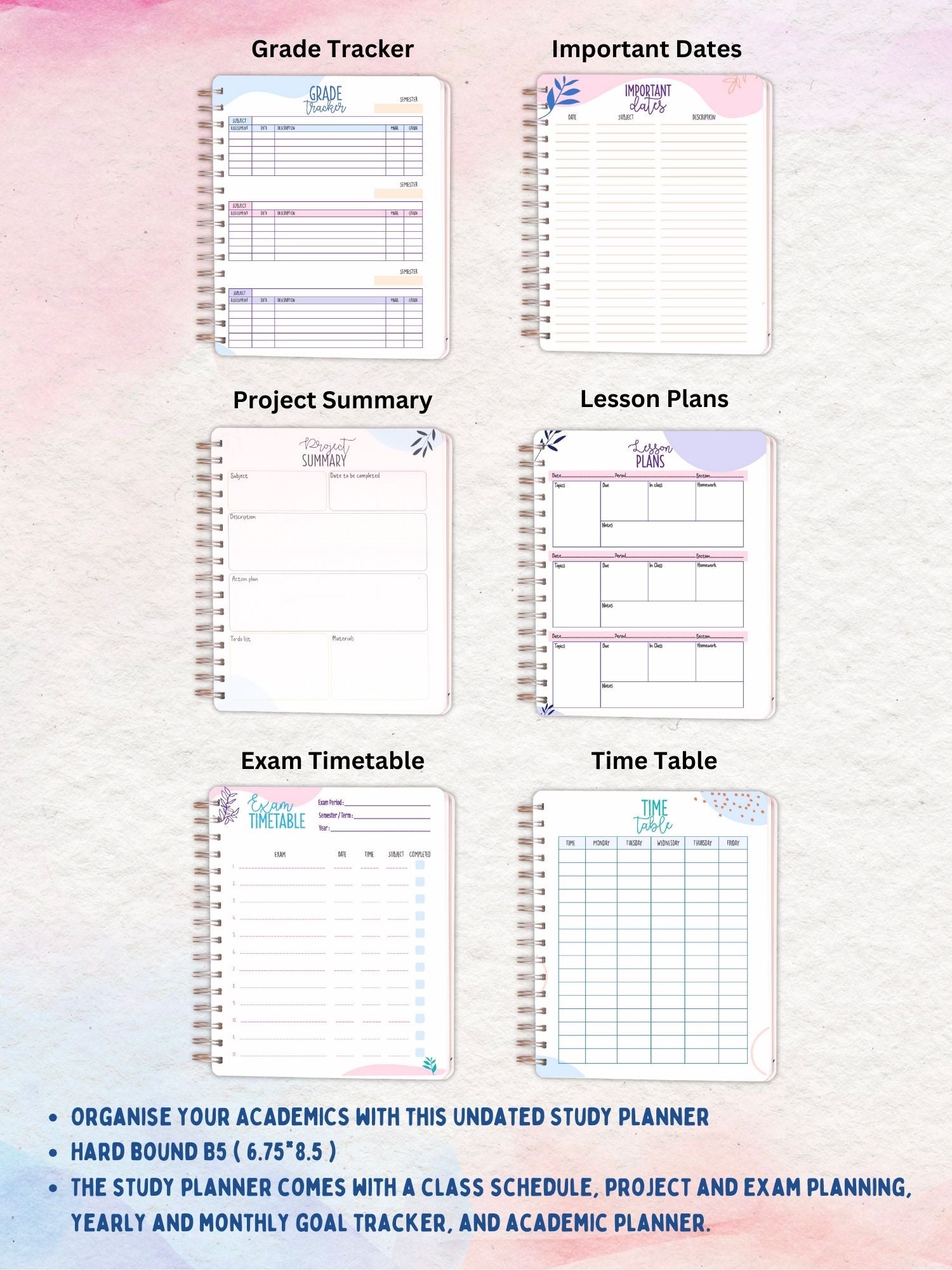 Personalized B5 Undated Study Planner - Floral Flutter