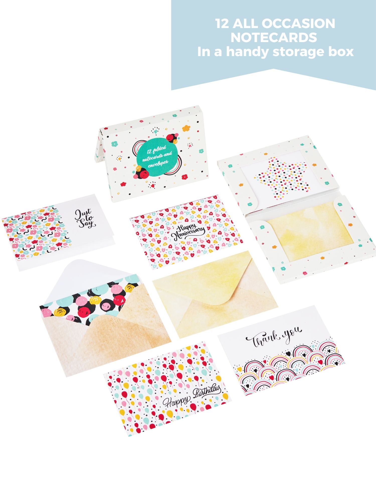 Doodle Set of 12 Blank Notecards with Coloured Envelopes and Jacket Style Packaging (Happy Thoughts)