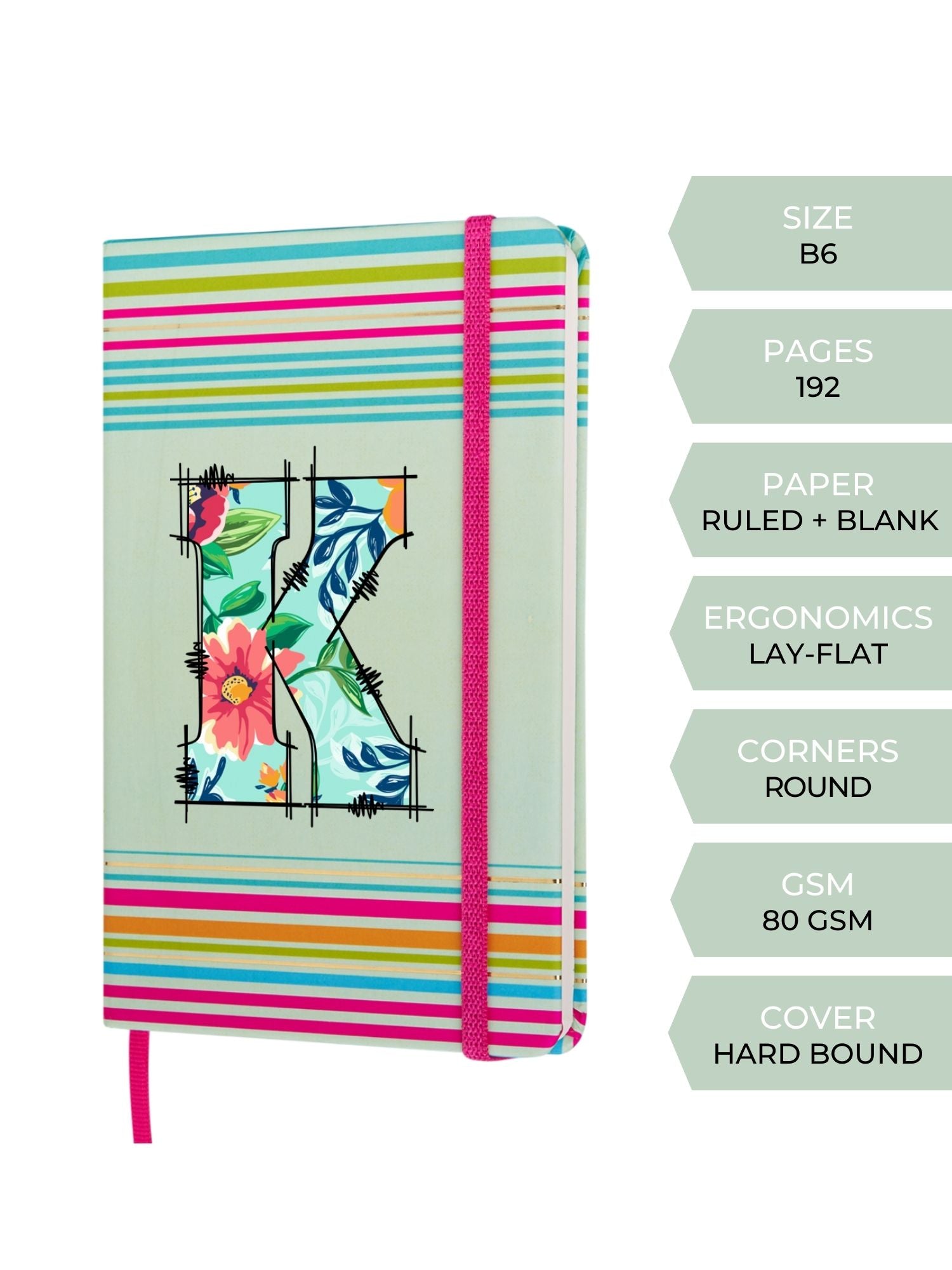 Doodle Initial K Stripes Theme Premium Hard Bound B6 Notebook Diary