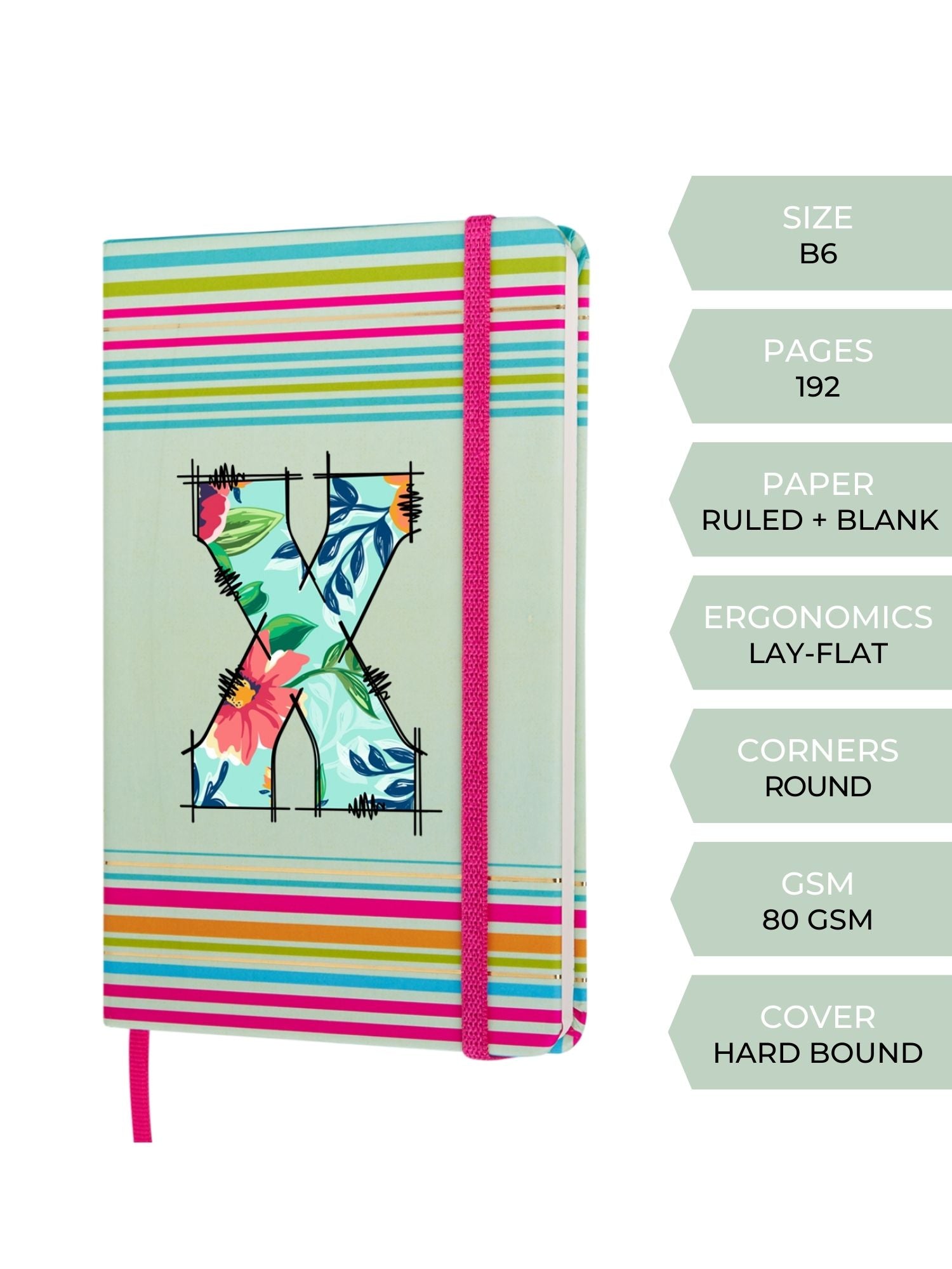 Doodle Initial X Stripes Theme Premium Hard Bound B6 Notebook Diary