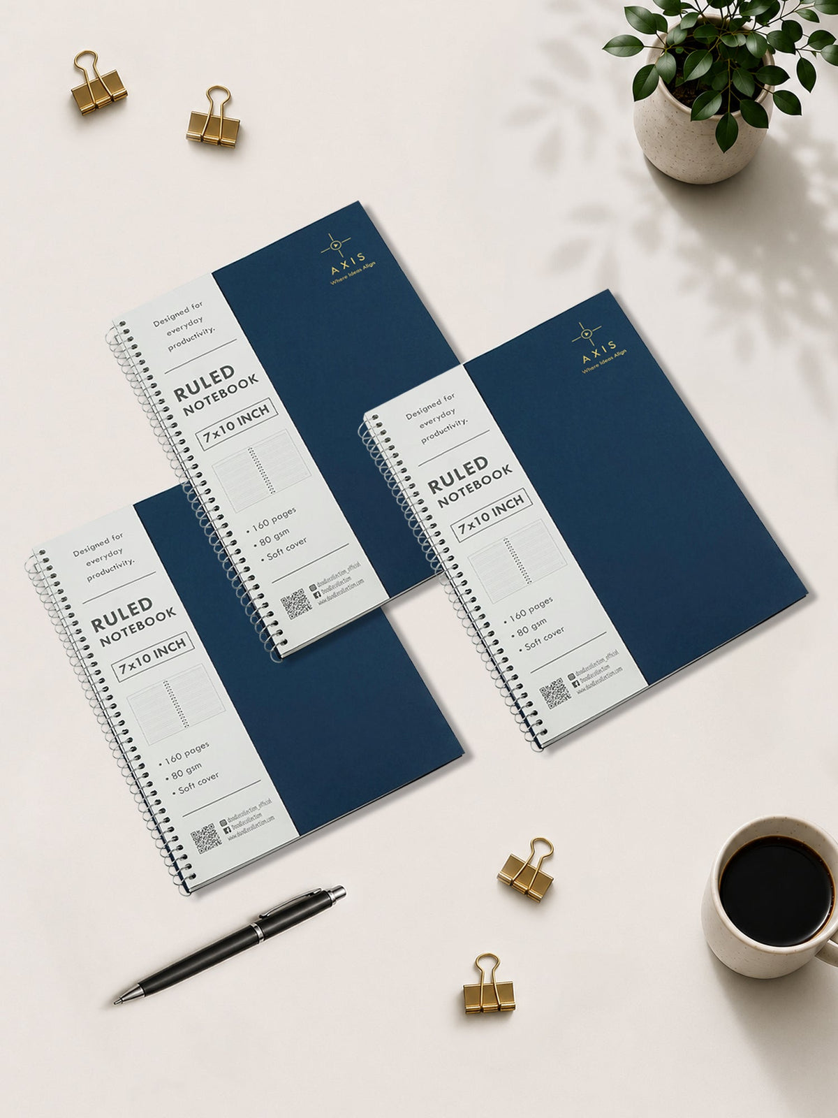 B5 Large Lined Notebook Set of 3 | Axis Blue Spiral Notebooks
