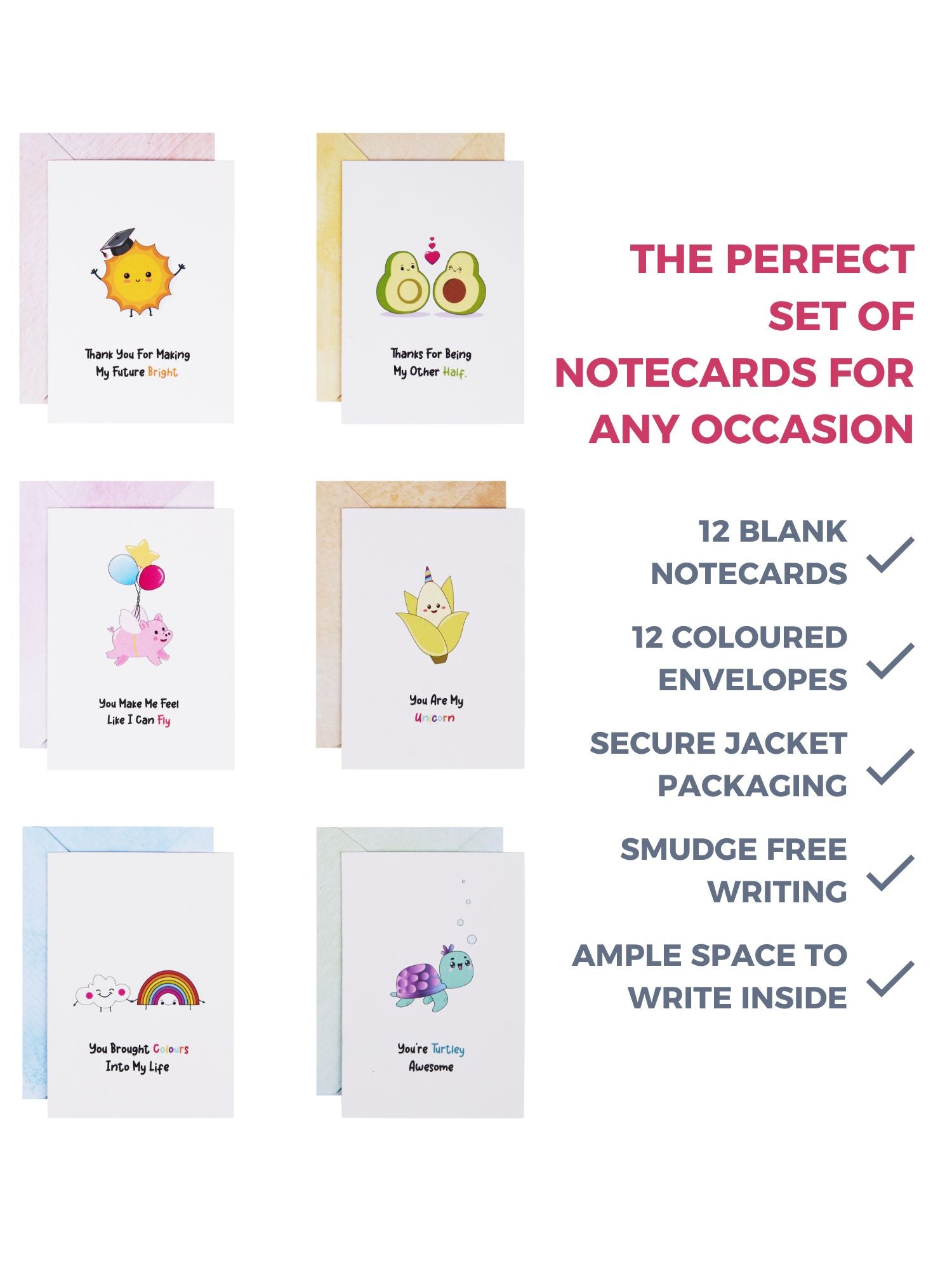 Doodle Set of 12 Blank Notecards with Coloured Envelopes and Jacket Style Packaging (Pun intended II)