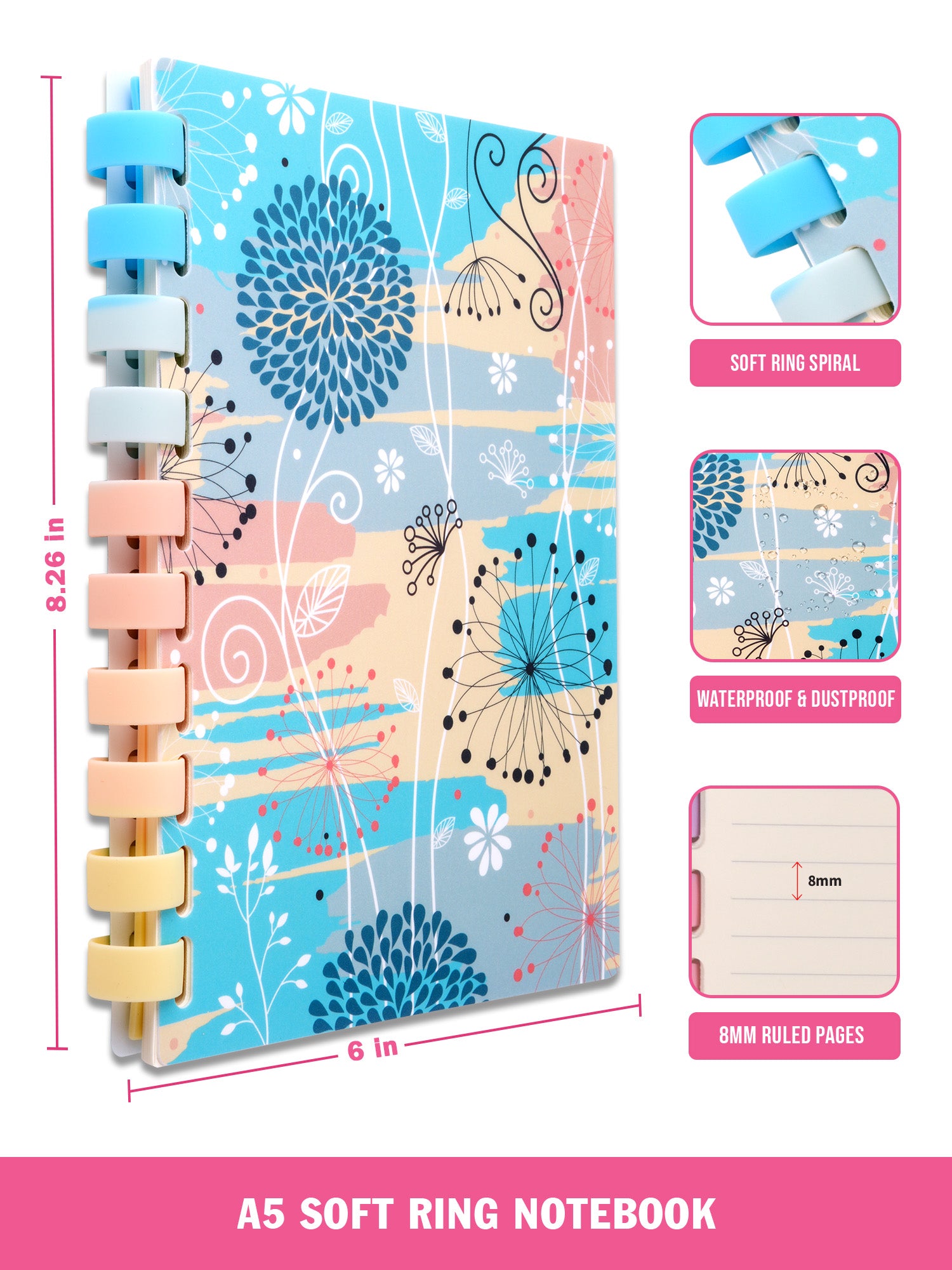 A5 Refillable Soft Wiro Notebook with Pen Set - Soft Blooms