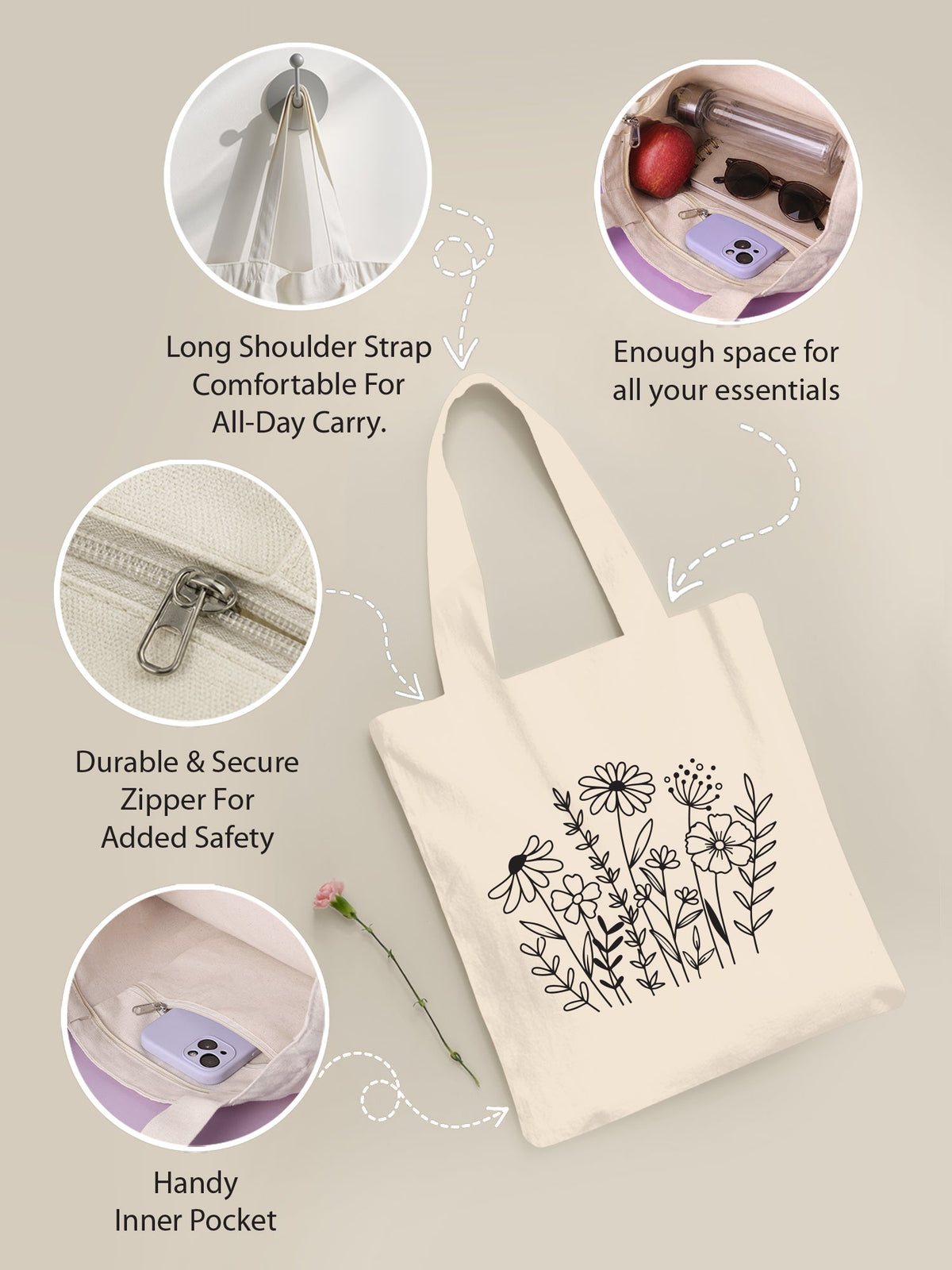 Wild Bloom Neutral Tote Bag