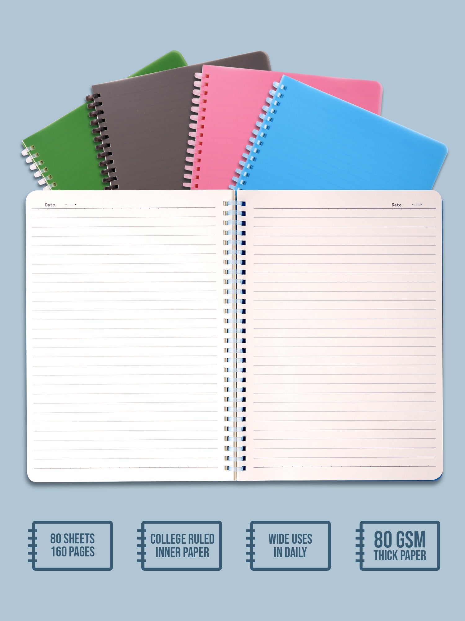 Set of 2 B5 Soft Ring Spiral Notebooks + 3 Gel Pen Set - (Blue & Pink)