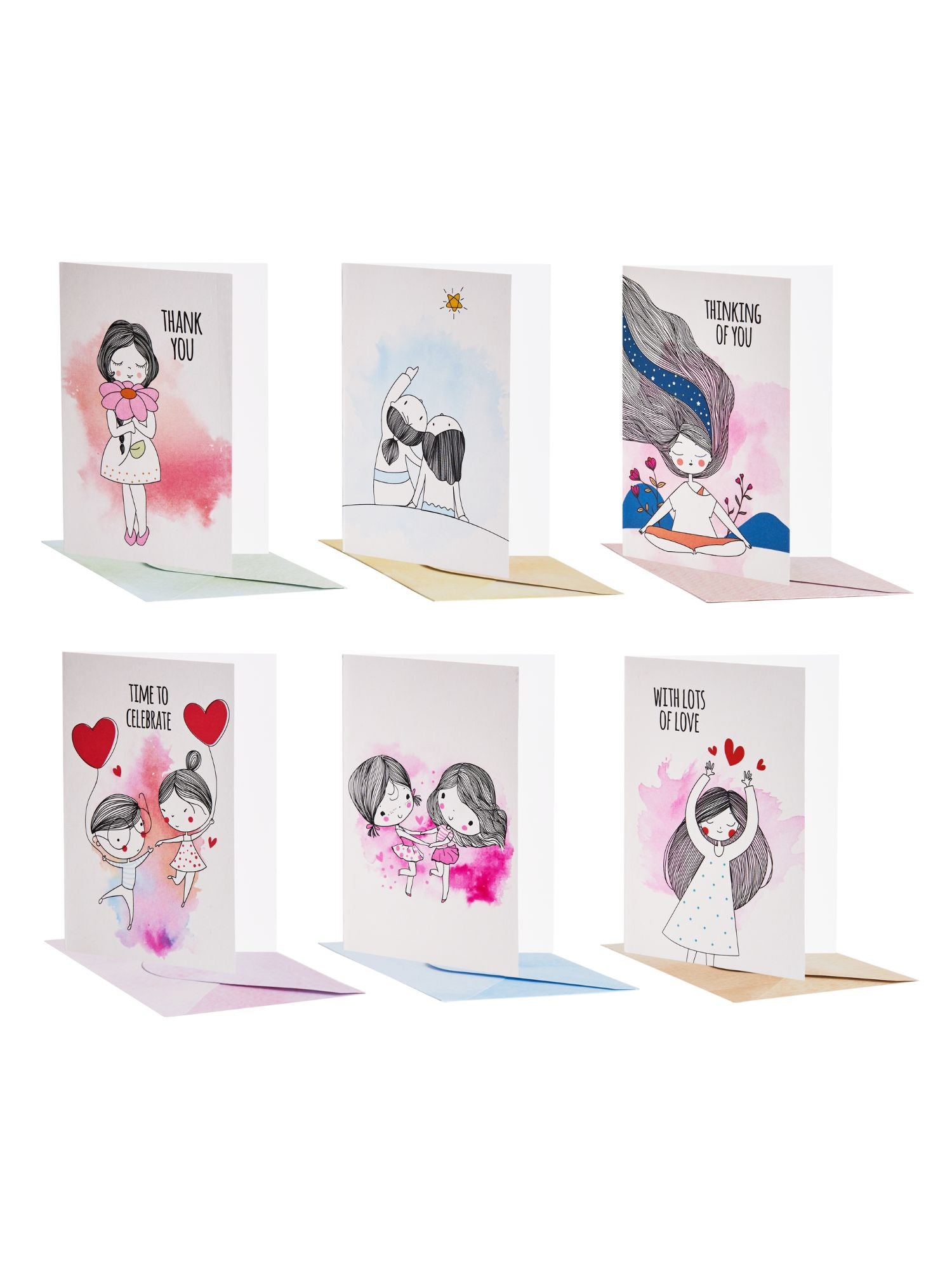 Doodle Set of 12 Blank Notecards with Coloured Envelopes and Jacket Style Packaging (You and Me)