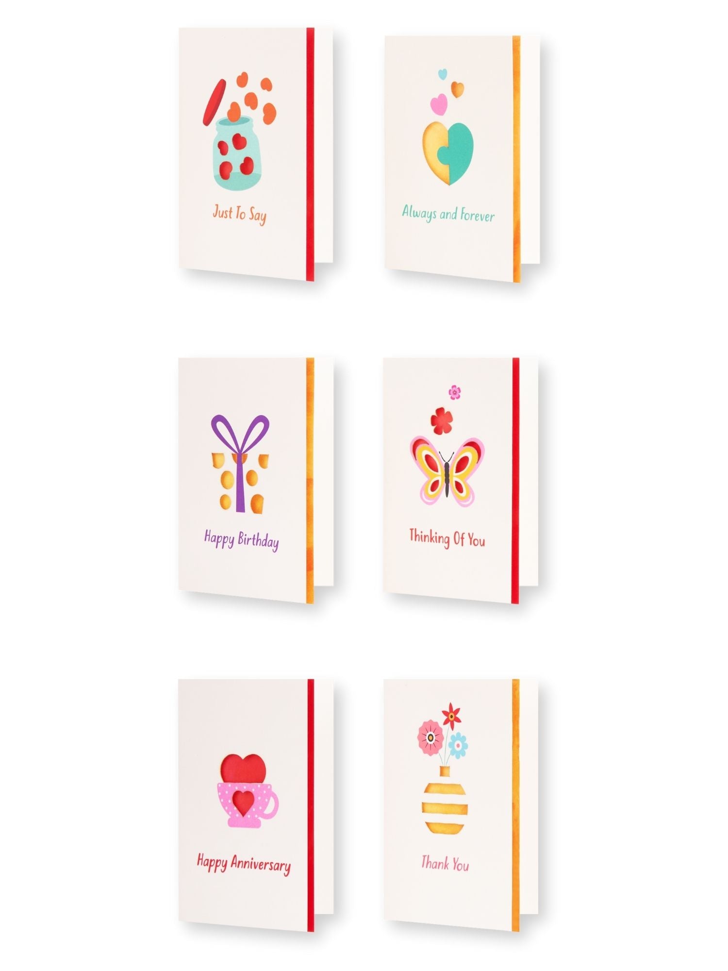 Doodle Set of 12 Blank Laser Cut Notecards - 6 Designs x 2 Cards (Bright Icons)