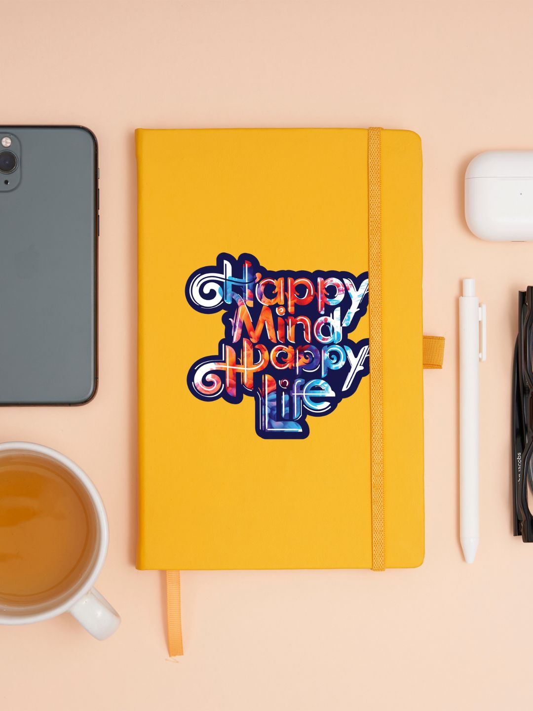 Doodle Pro Series Executive A5 PU Leather Hardbound Ruled Yellow Notebook with Pen Loop [Happy Mind Happy Life]