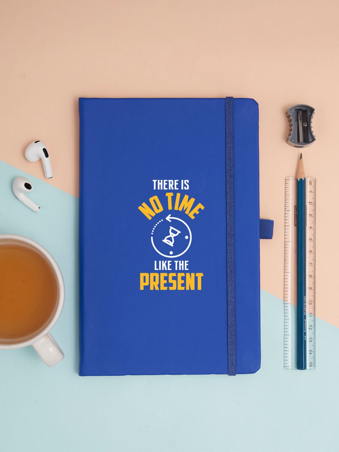 Pro Series Executive A5 PU Leather Hardbound Ruled Bright Blue Notebook with Pen Loop [There Is No Time]