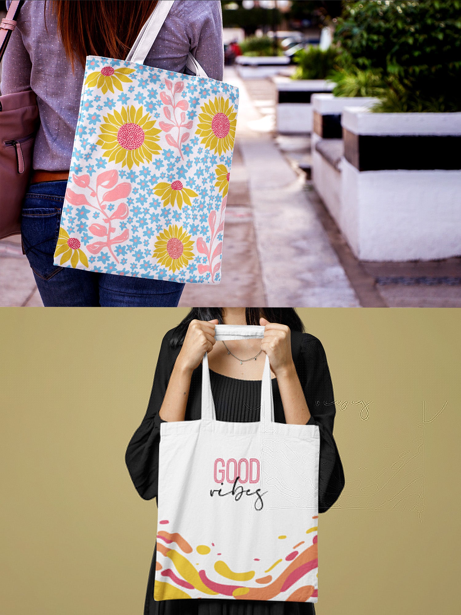 Doodle Set of 2 Combo Tote Bags - Sunny Blooms & Good Vibes Waves