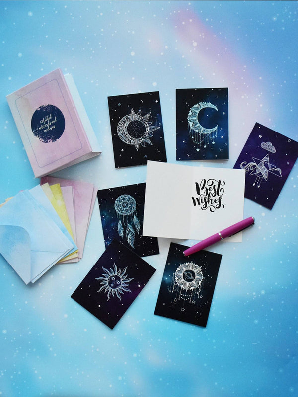 Doodle Celestial Universe Set of 12 Notecards With Envelope