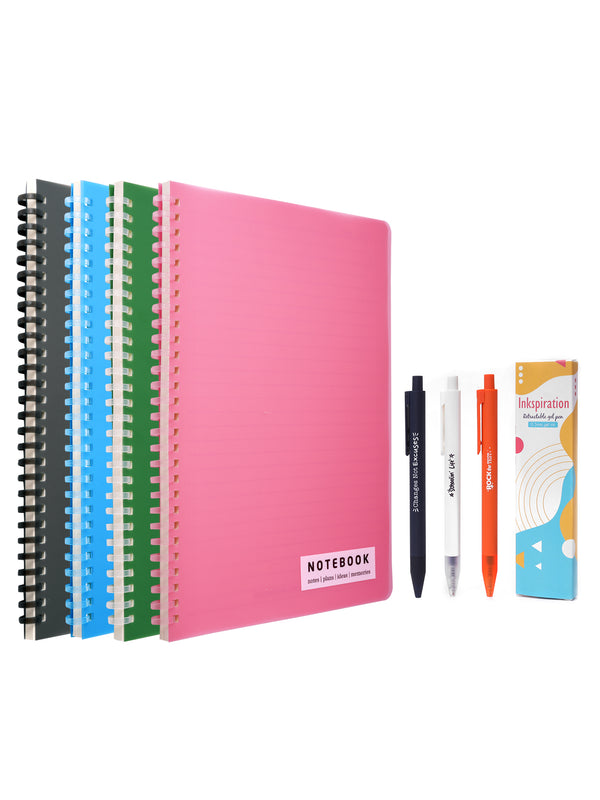 Set of 4 B5 Soft Wiro Notebook with 3 Pen Set - (Black, Blue, Green & Pink)