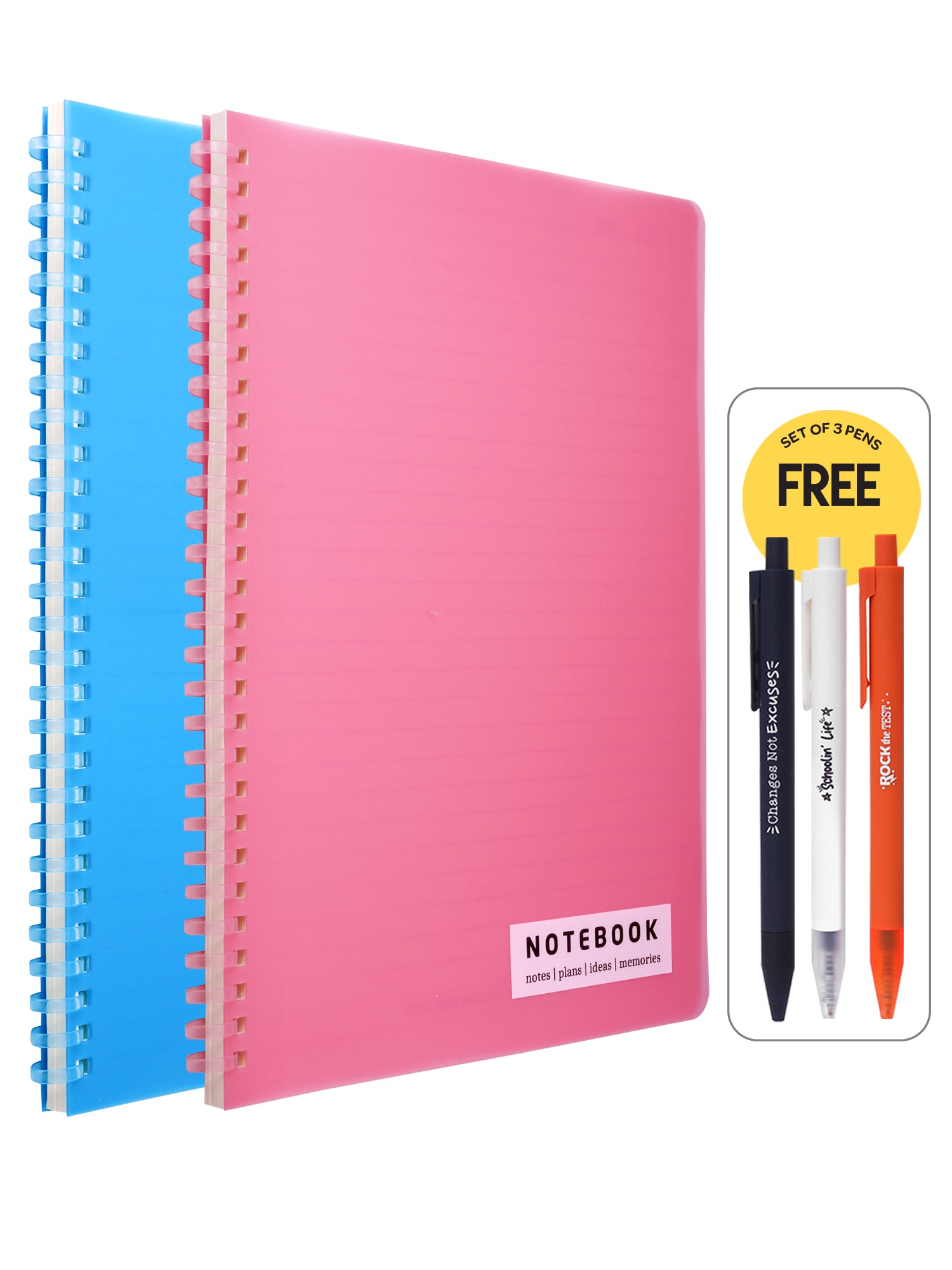 Set of 2 B5 Soft Ring Spiral Notebooks + 3 Gel Pen Set - (Blue & Pink)