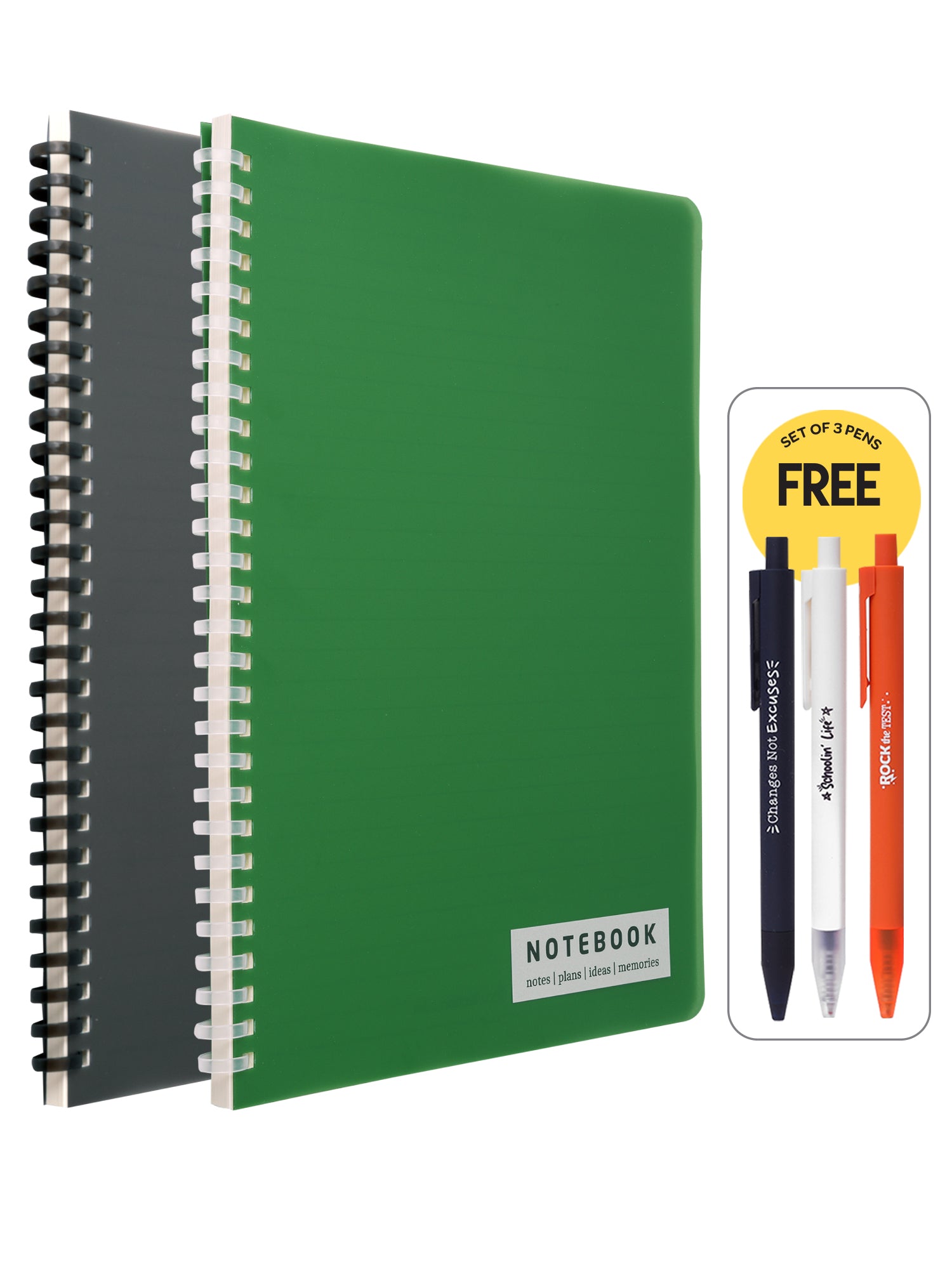 Set of 2 B5 Soft Ring Spiral Notebooks + 3 Gel Pen Set - (Black & Green)