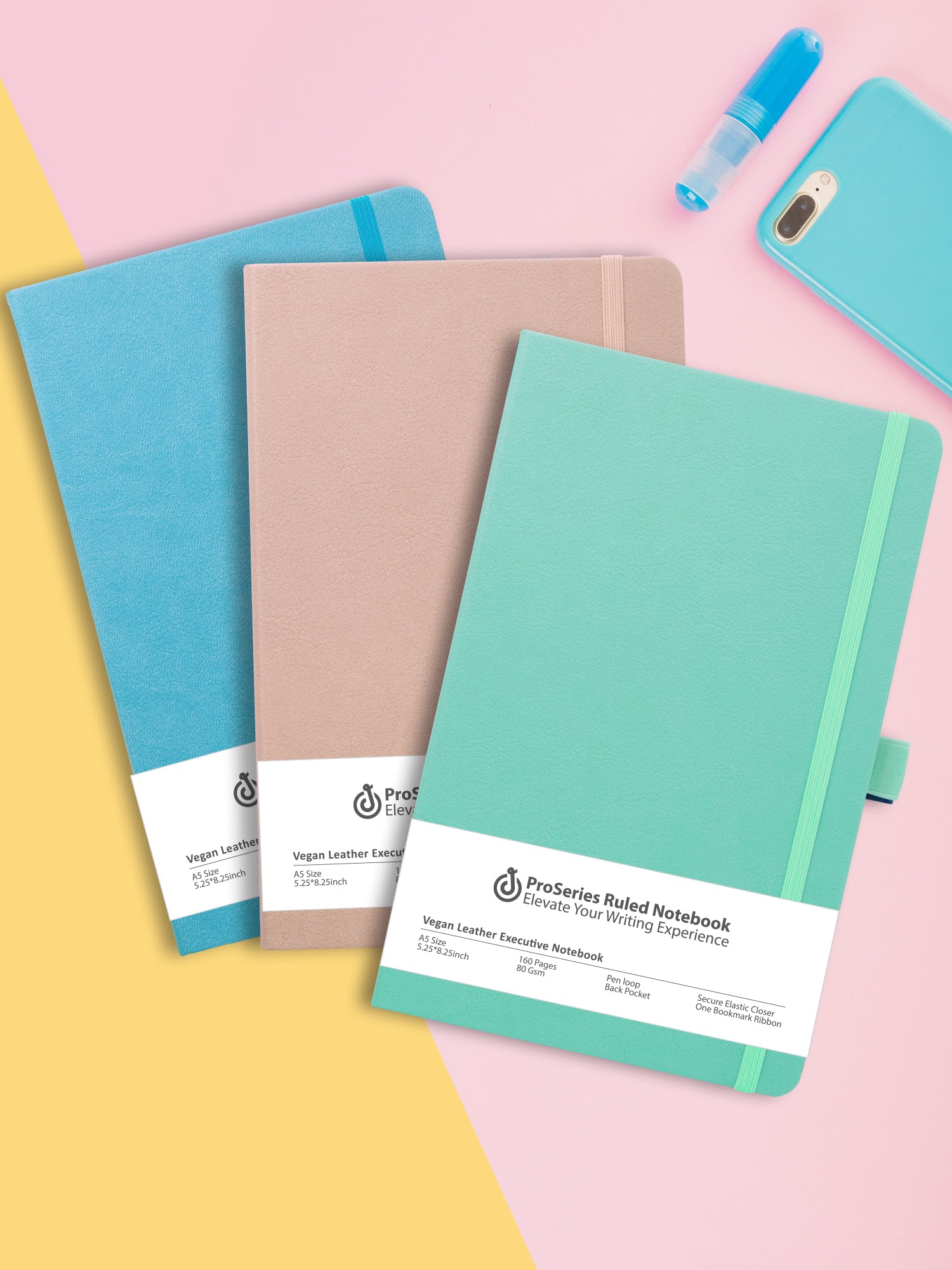 Pack of 3 - A5 Pro Series Executive Notebook (Mint, Pink, Sky Blue)